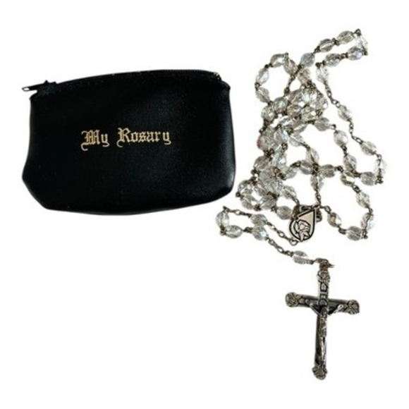 Catholic Clear Bead Rosary Necklace Silver Miraculous Medal Crusifix Cross NIP - Picture 1 of 4
